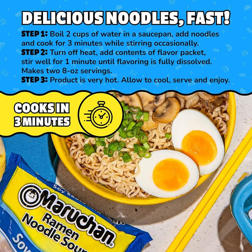 Maruchan soy sauce flavor ramen noodle soup instructions over noodles with two eggs