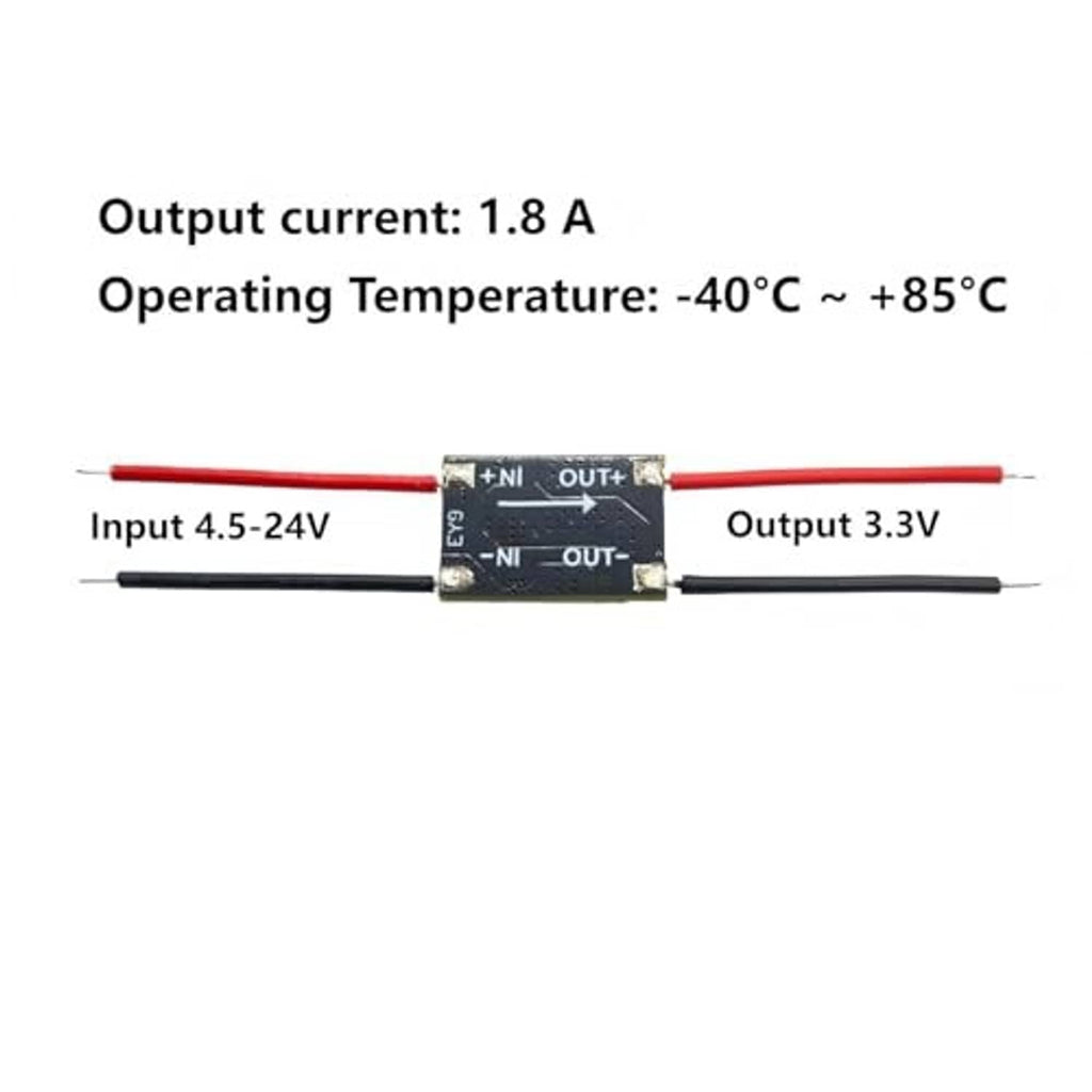 3.3V DC voltage regulator module, red/black wires labeled input 4.5–24V and output 3.3V