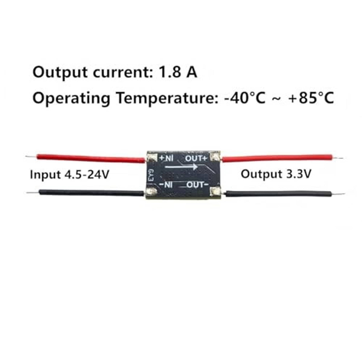 3.3V DC voltage regulator module, red/black wires labeled input 4.5–24V and output 3.3V