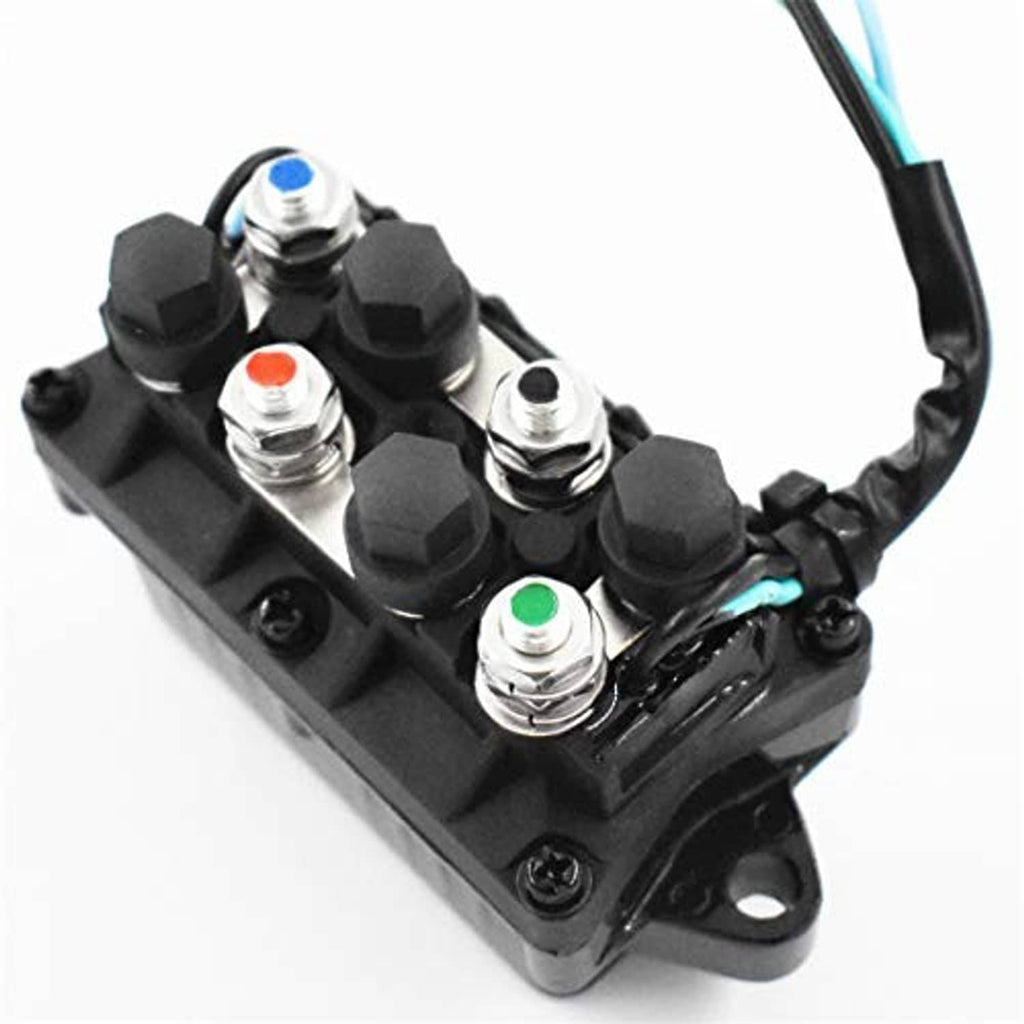 Marine outboard trim relay assembly with black housing and four capped terminal screws