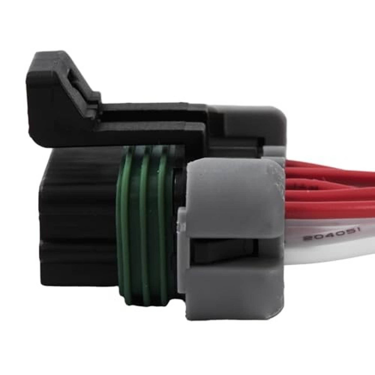 Auto headlight connector pigtail, black body with green insulators, red wire harness