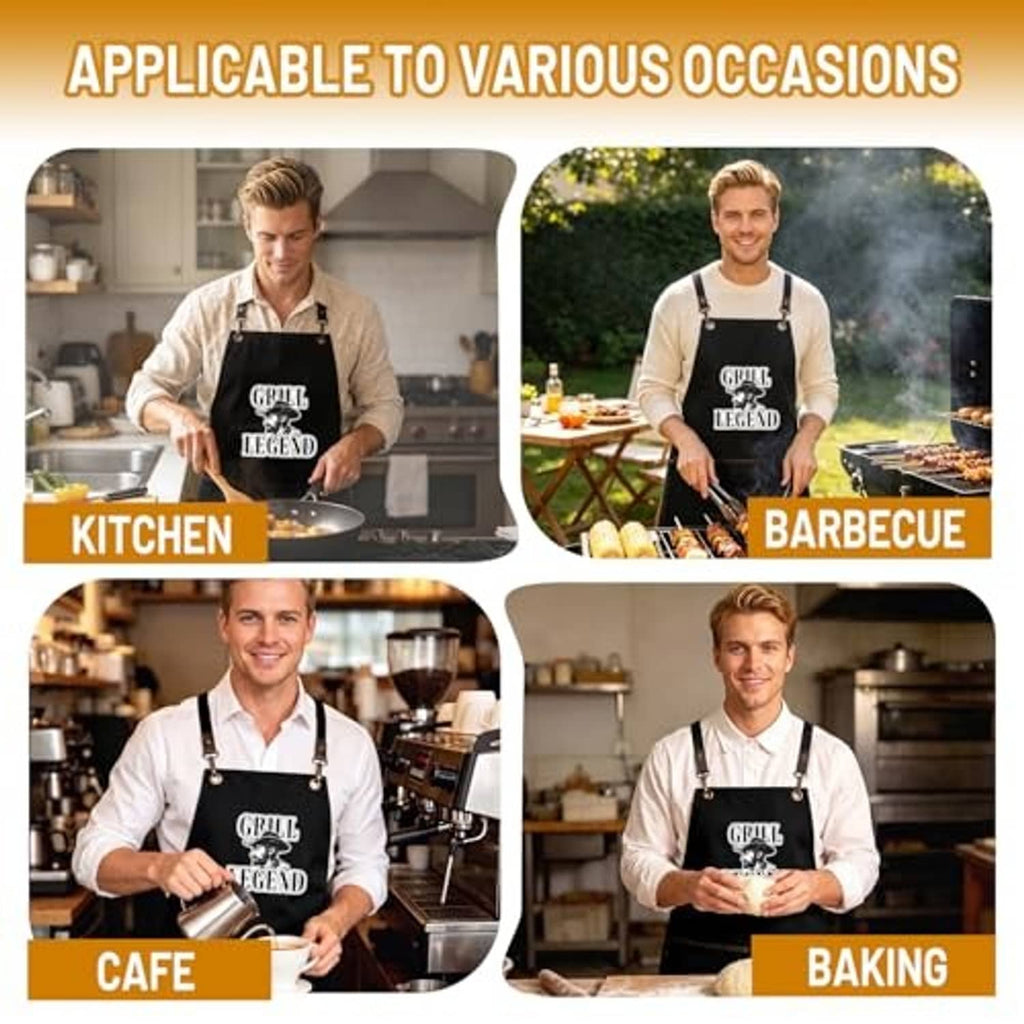 Black Grill Legend apron on model, cross-back style with adjustable straps.