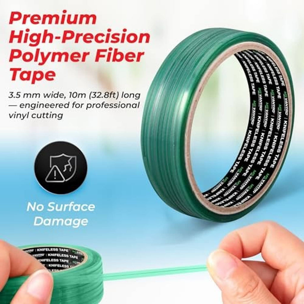 Green knifeless tape roll for vinyl cutting, shown held between fingers.