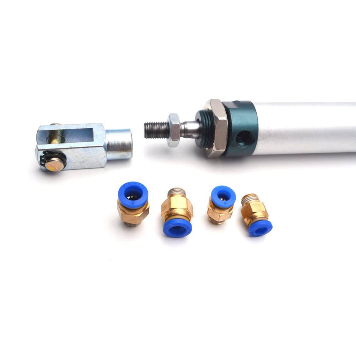 Pneumatic air cylinder with rod end and port fittings, showing brass and blue connection seals.