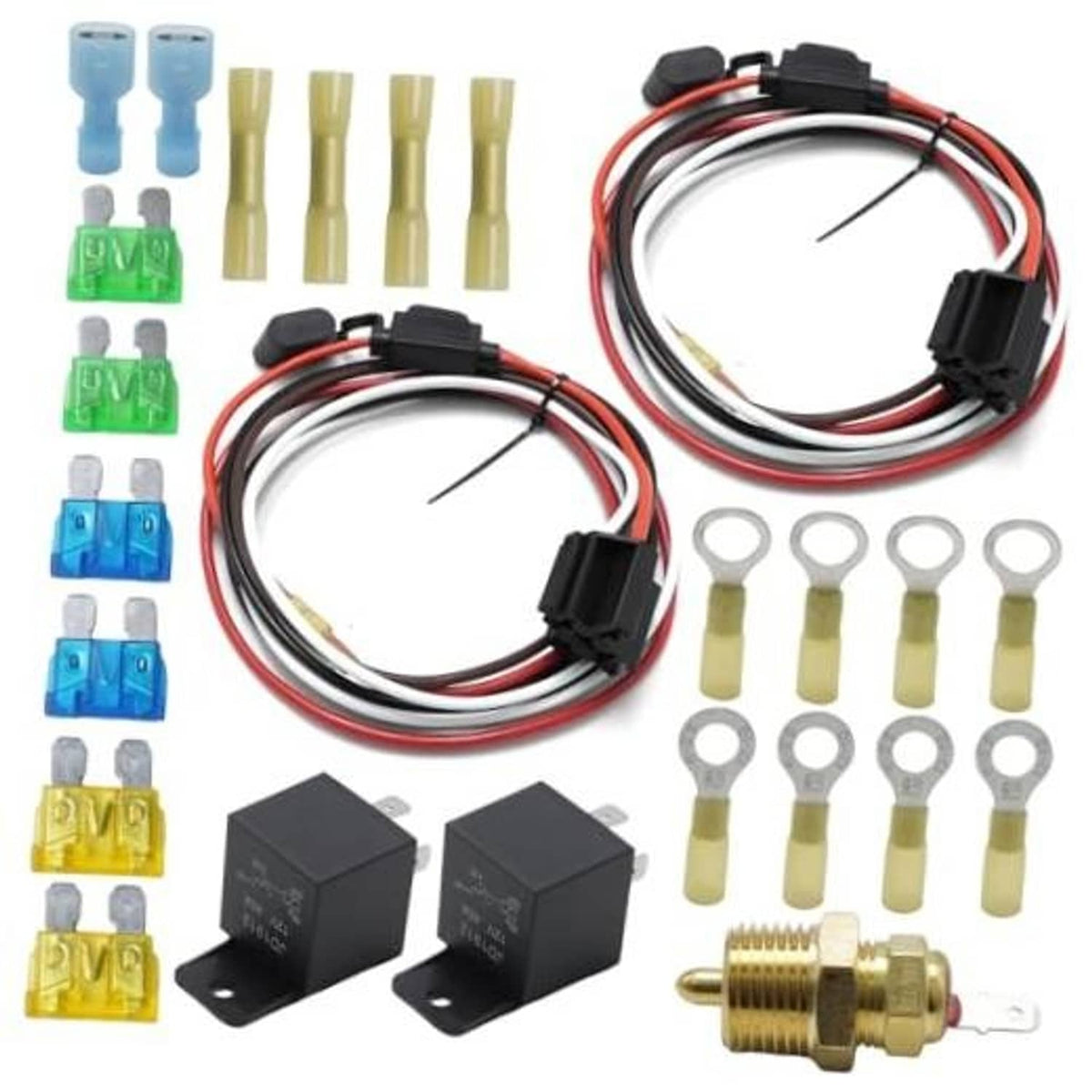 Dual fan relay kit with red/black wire harness, relay blocks, terminals, and brass sensor