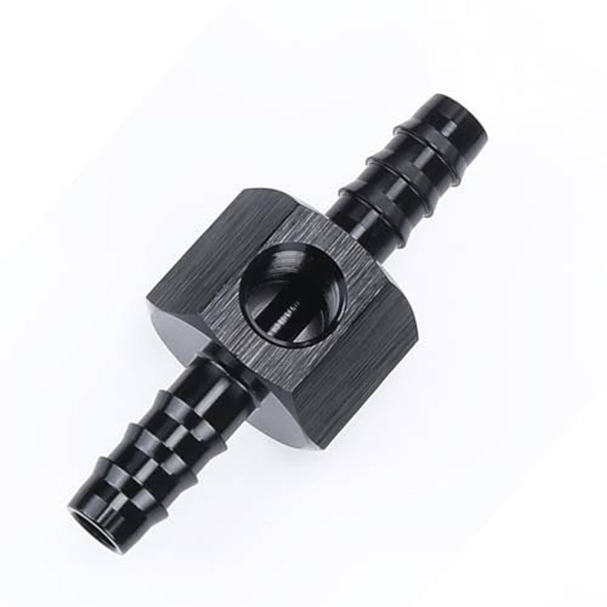 Black barbed sensor gauge port adapter fitting with NPT thread opening