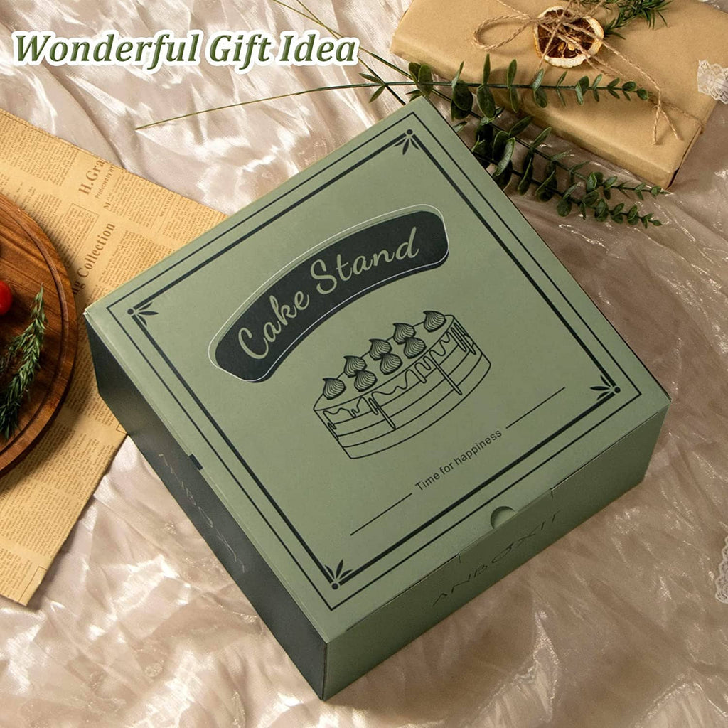 Green gift box for acacia cake stand with clear dome lid and cake tray