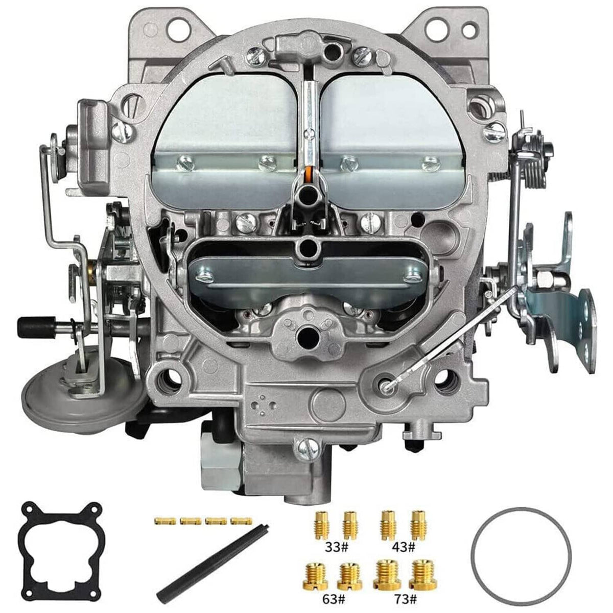 Rochester Quadrajet 4-barrel carburetor top view with throttle and fuel inlets