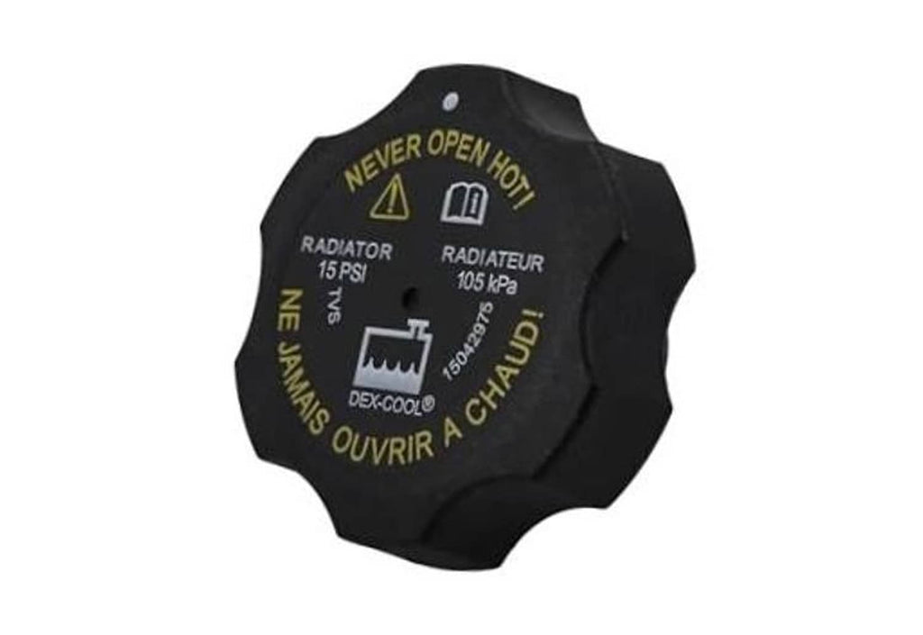 Black radiator cap with warning text and radiator 15 PSI markings