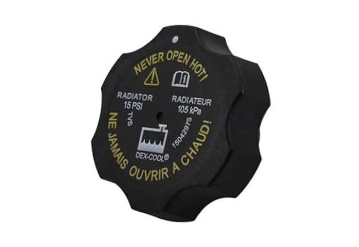 Black radiator cap with warning text and radiator 15 PSI markings