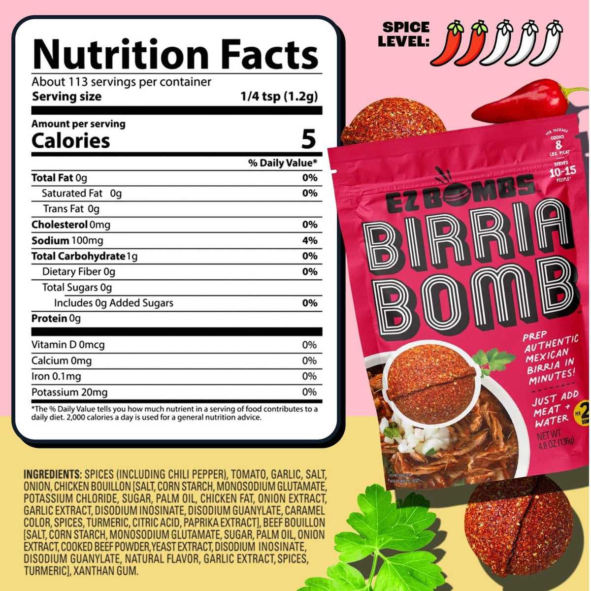 Birria Bomb seasoning pack with Nutrition Facts panel and red spice blend circle