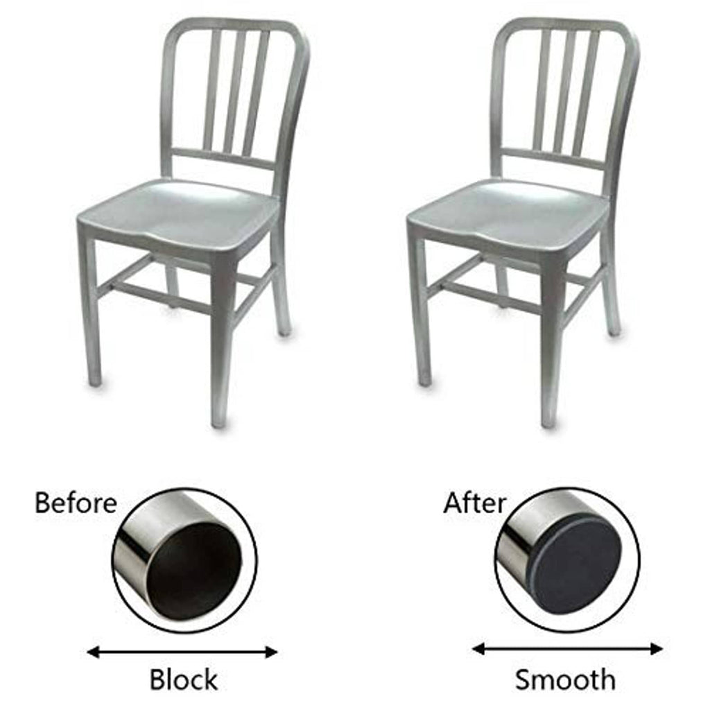 Black round plastic tube end caps on metal tubing, before and after smooth coverage