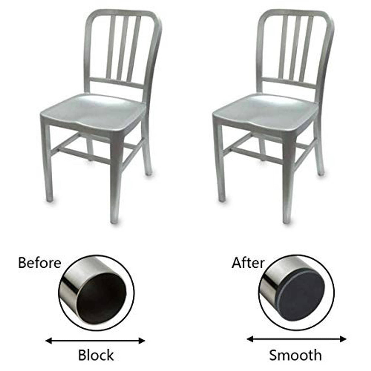 Black round plastic tube end caps on metal tubing, before and after smooth coverage