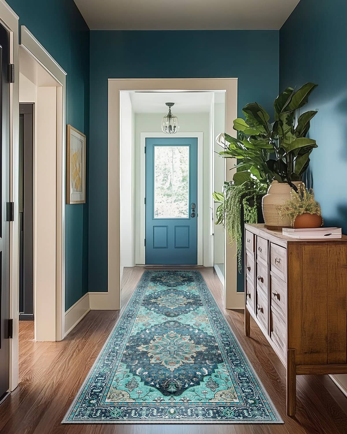 Teal ornate runner rug laid in a hallway corridor