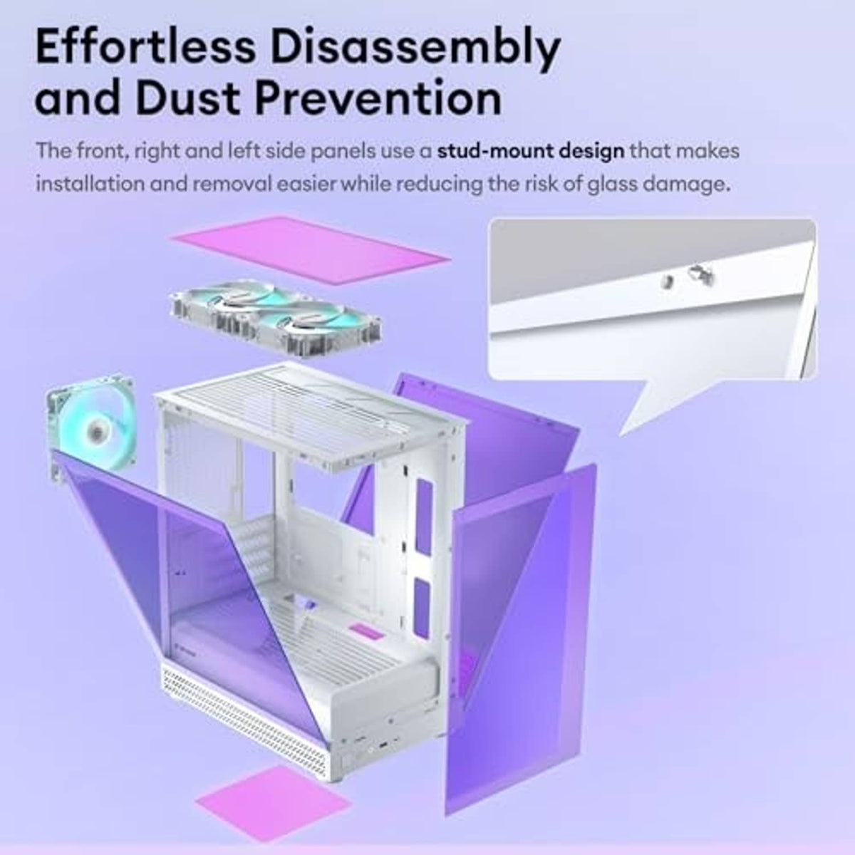 White Micro ATX PC case with tempered glass removed, showing tool-free panel access