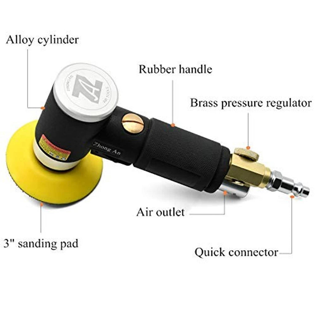 Air orbital sander with brass regulator, quick connector, black rubber handle, yellow pad