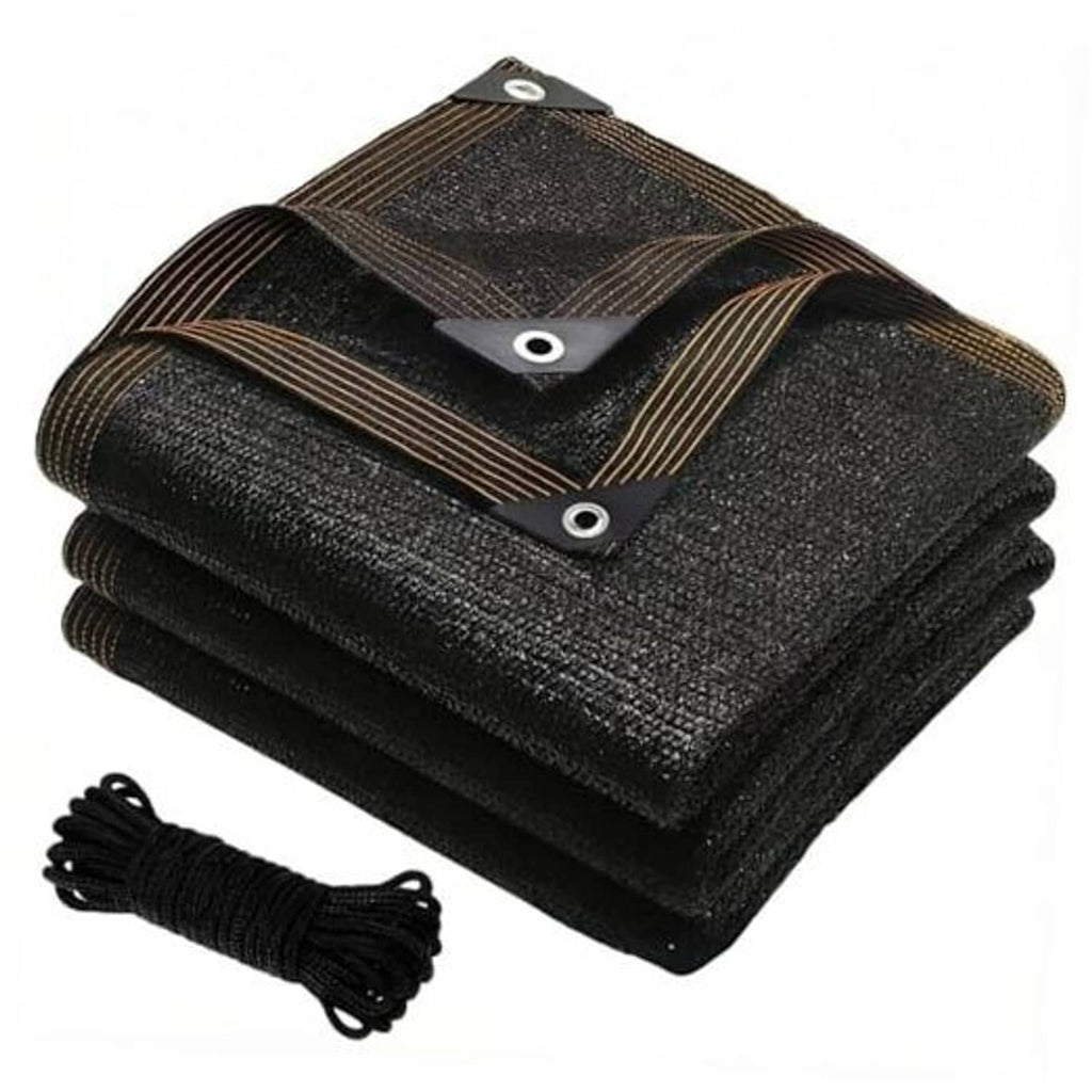 Black shade cloth tarp, folded mesh with reinforced edges and metal grommets.