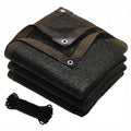 Black shade cloth tarp, folded mesh with reinforced edges and metal grommets.