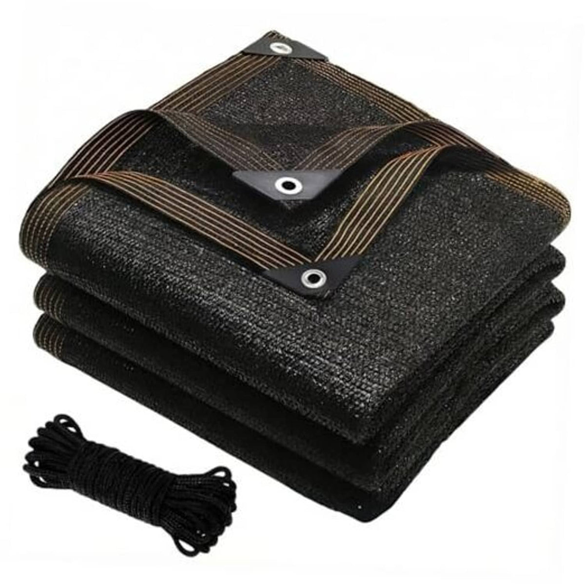 Black shade cloth tarp, folded mesh with reinforced edges and metal grommets.