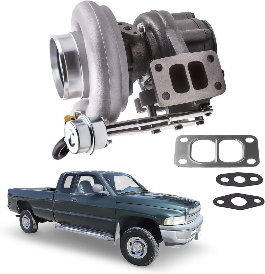 Turbocharger with silver compressor housing, black body, and included gasket set