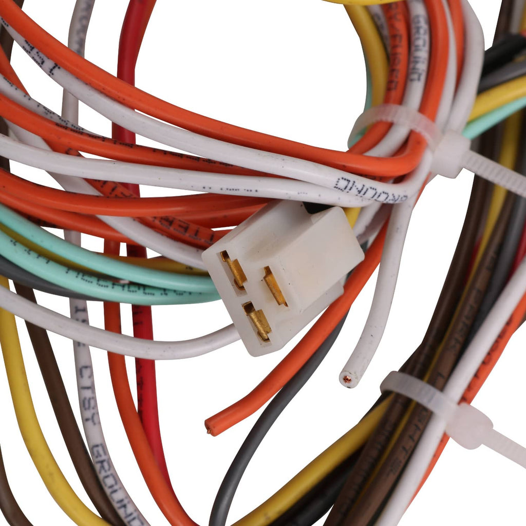 Universal 22-circuit wiring harness spade connector with bundled red, orange, and white wires