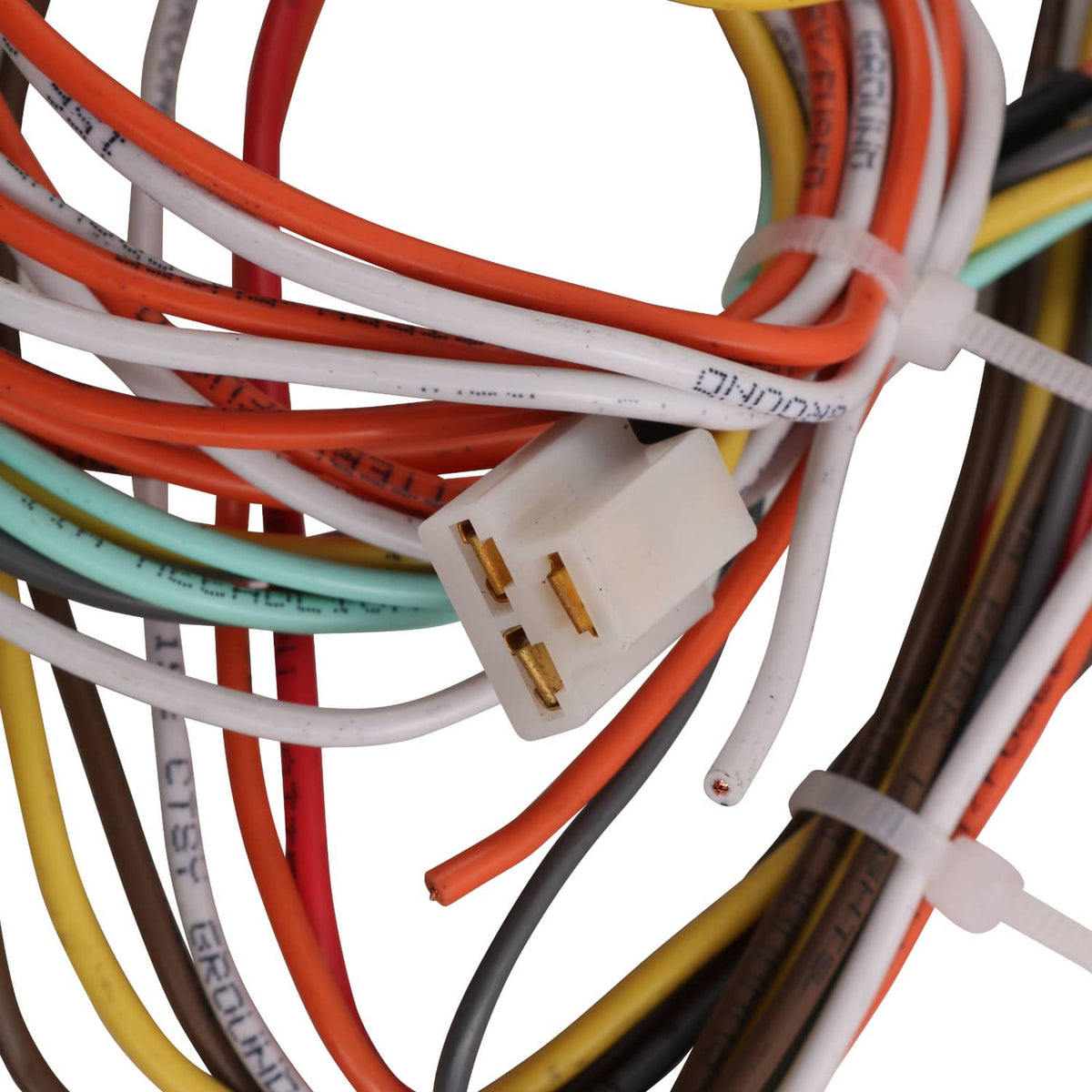 Universal 22-circuit wiring harness spade connector with bundled red, orange, and white wires