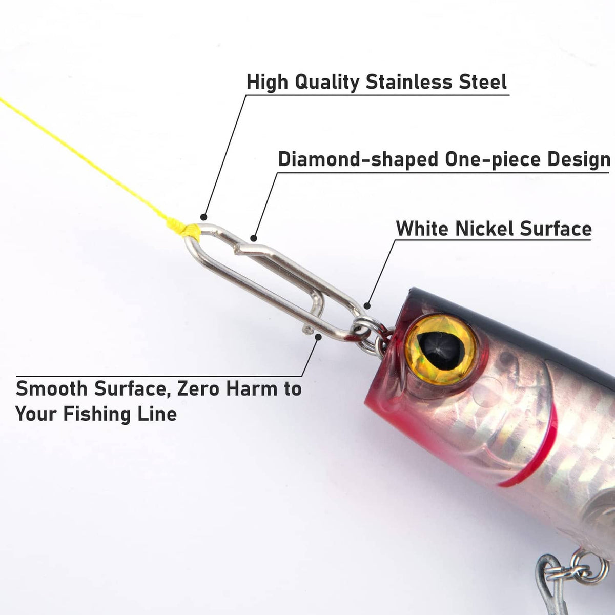 Stainless steel fishing speed clip attached to a lure, diamond one-piece design