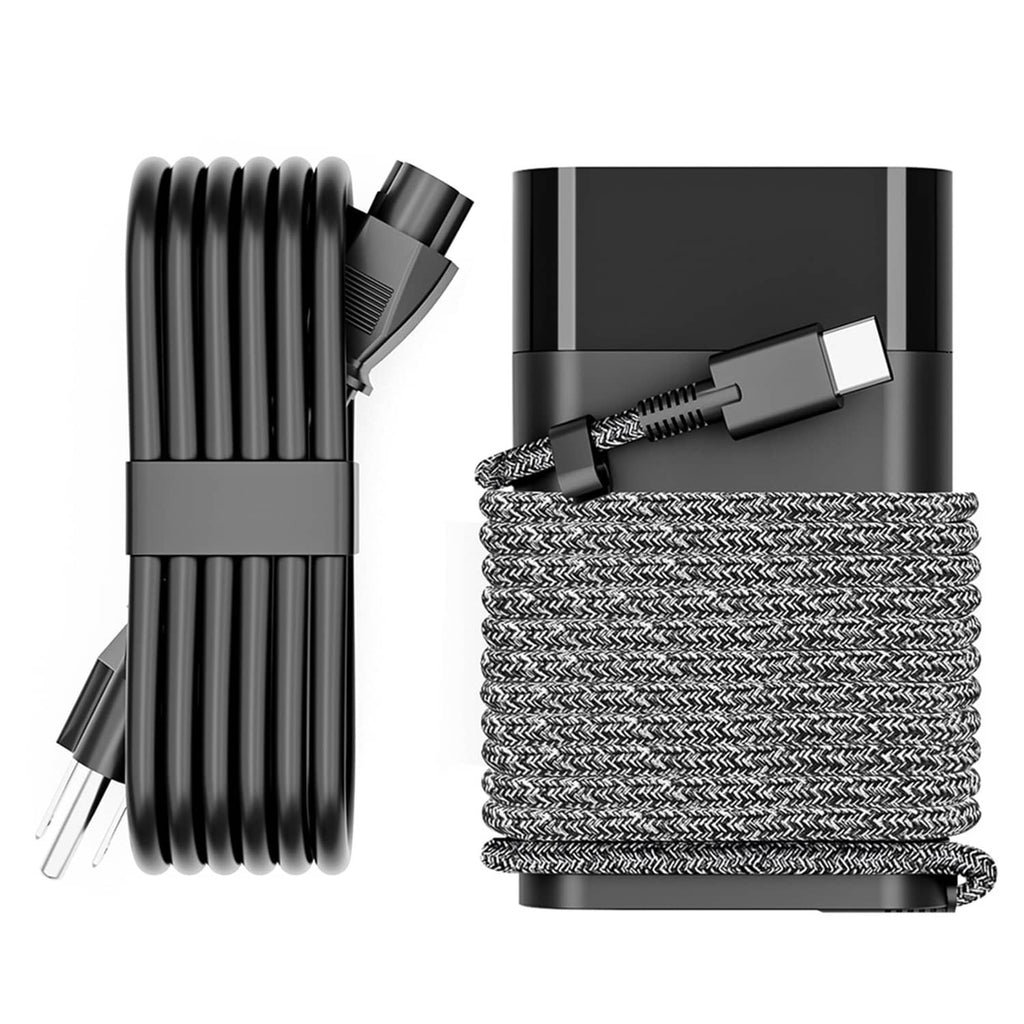Slim USB-C laptop charger with braided cable and dark barrel connector