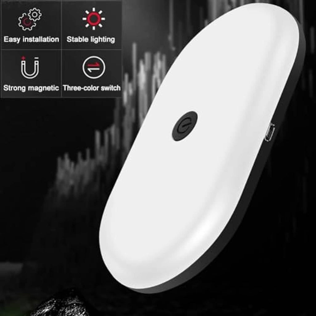 USB rechargeable LED dome light, oval white body with black button, designed for car interior