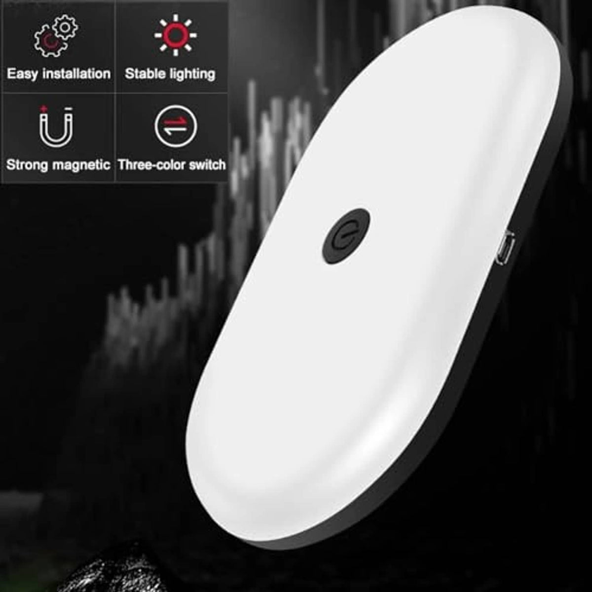 USB rechargeable LED dome light, oval white body with black button, designed for car interior