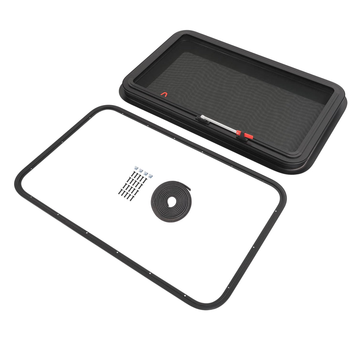 RV exit window kit with dark tinted glass, black frame, gasket roll and screw pack