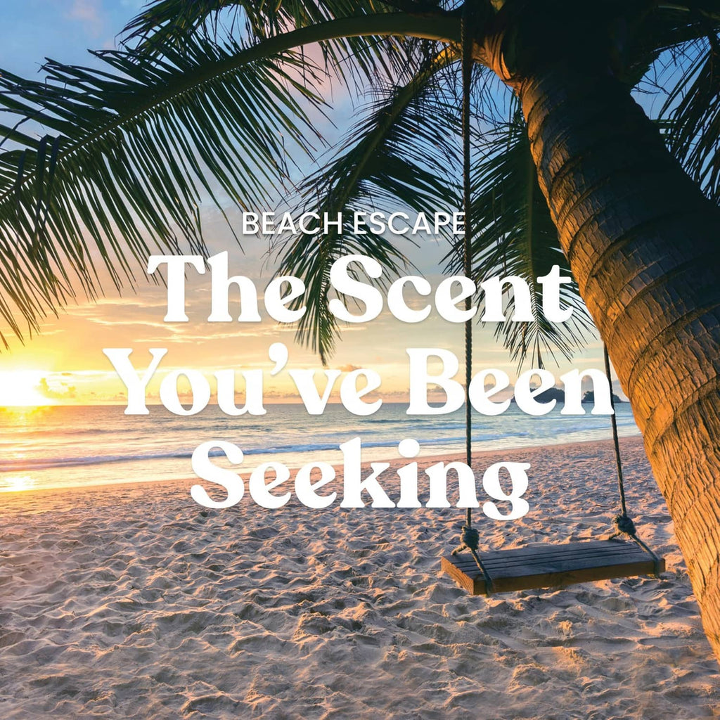 Beach Escape scented candle promotional graphic with palm trees and beach scene