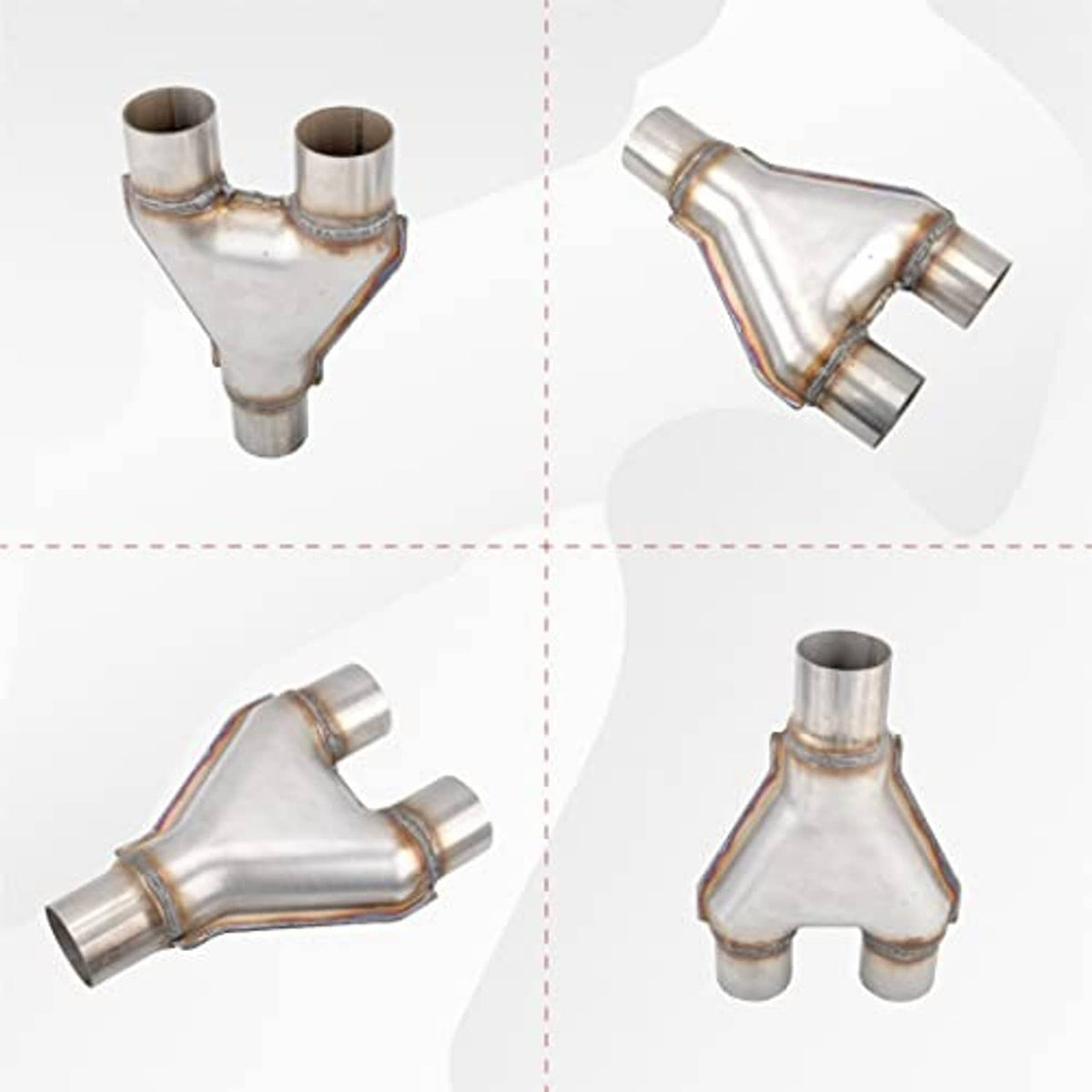 Stainless steel Y-pipe exhaust connector showing multiple inlet/outlet angles