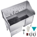 Stainless steel pet grooming tub with ramp, built-in nozzles, and non-slip drain grates