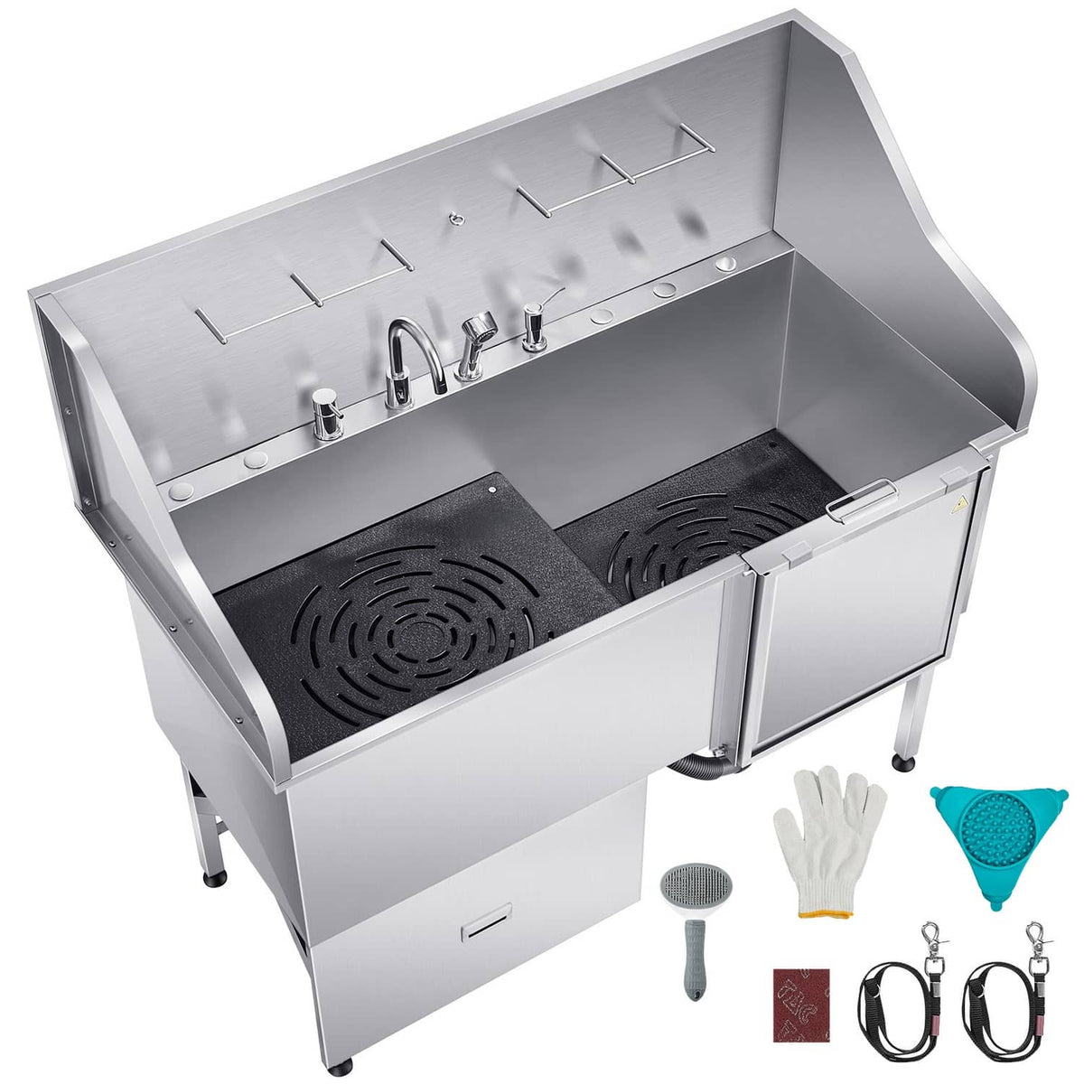 Stainless steel pet grooming tub with ramp, built-in nozzles, and non-slip drain grates