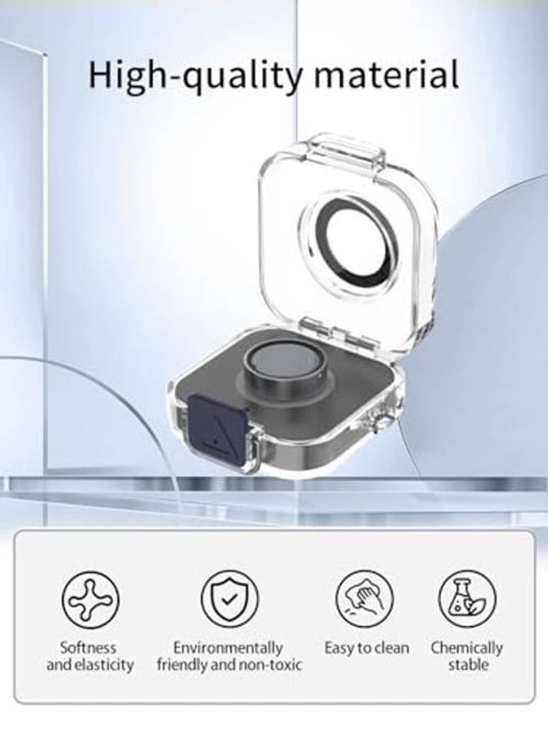 Transparent shockproof charger case with blue inset and charging base, open lid