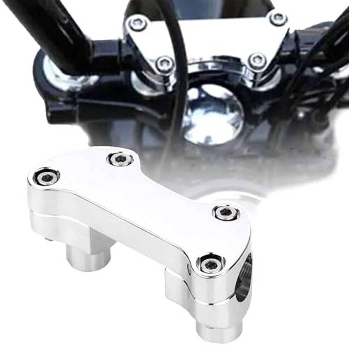 Chrome handlebar riser clamp mounted under handlebars with four fasteners