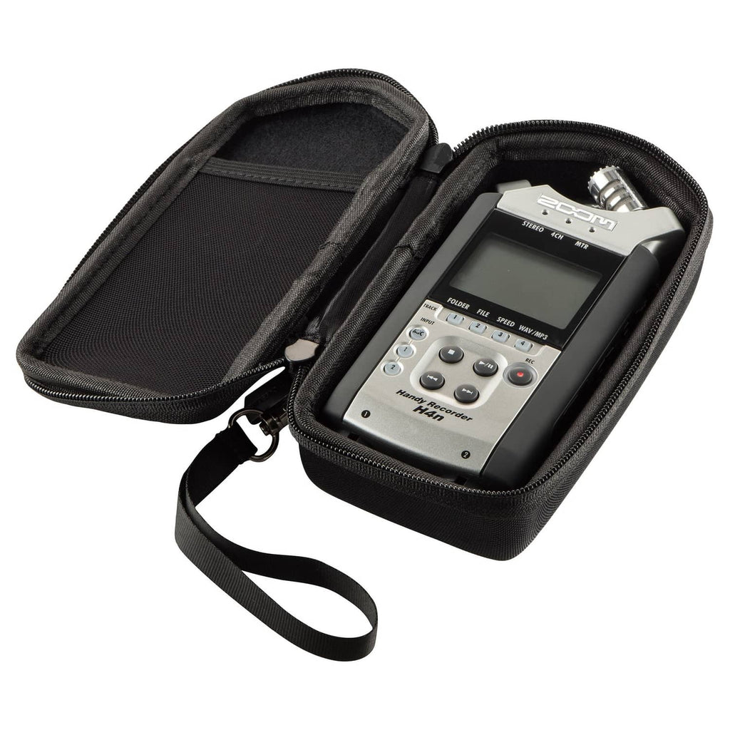 Black hard case open showing a digital recorder, padded interior and zipper closure