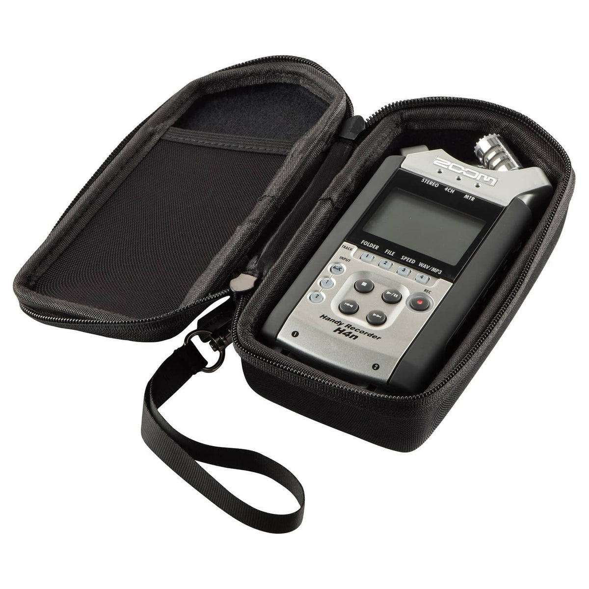 Black hard case open showing a digital recorder, padded interior and zipper closure