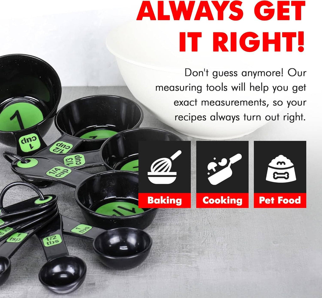 Black plastic measuring cups and spoons with green measurement labels for accurate measuring