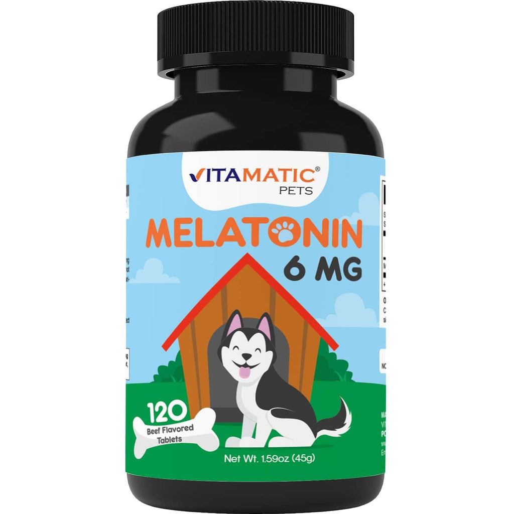 Vitamatic Pets Melatonin 6 mg bottle, 120 beef-flavored chewable tablets label