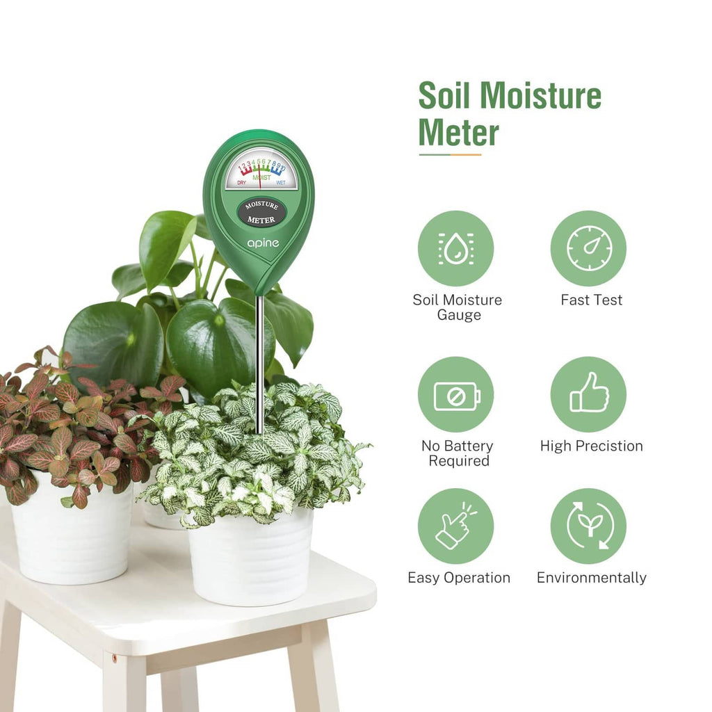 Soil moisture meter with probe standing beside potted plants