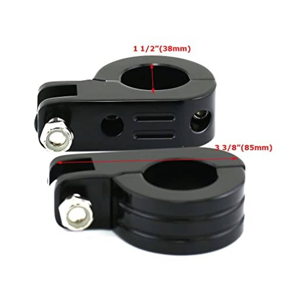 Black P-clamp foot peg mounts with dimensions shown in inches and millimeters