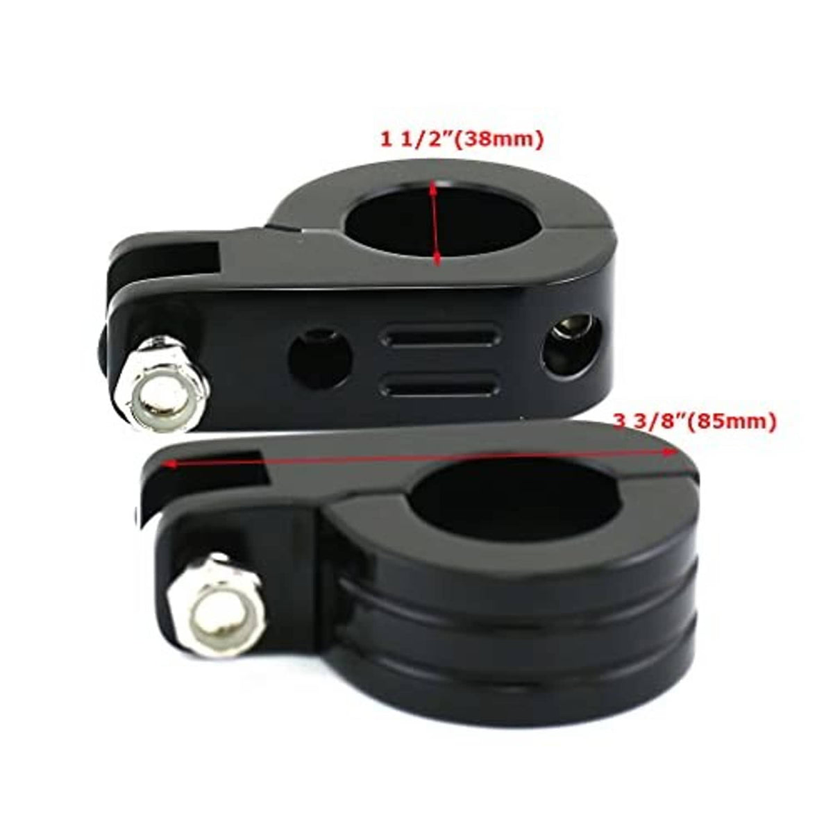 Black P-clamp foot peg mounts with dimensions shown in inches and millimeters