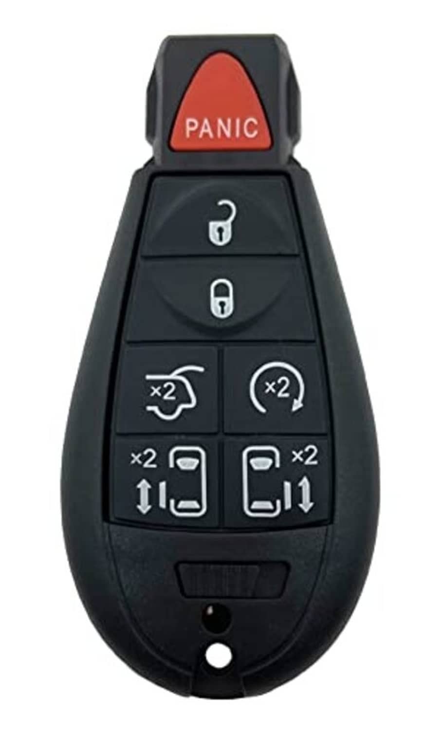 Black key fob remote with red PANIC button and four grouped function controls