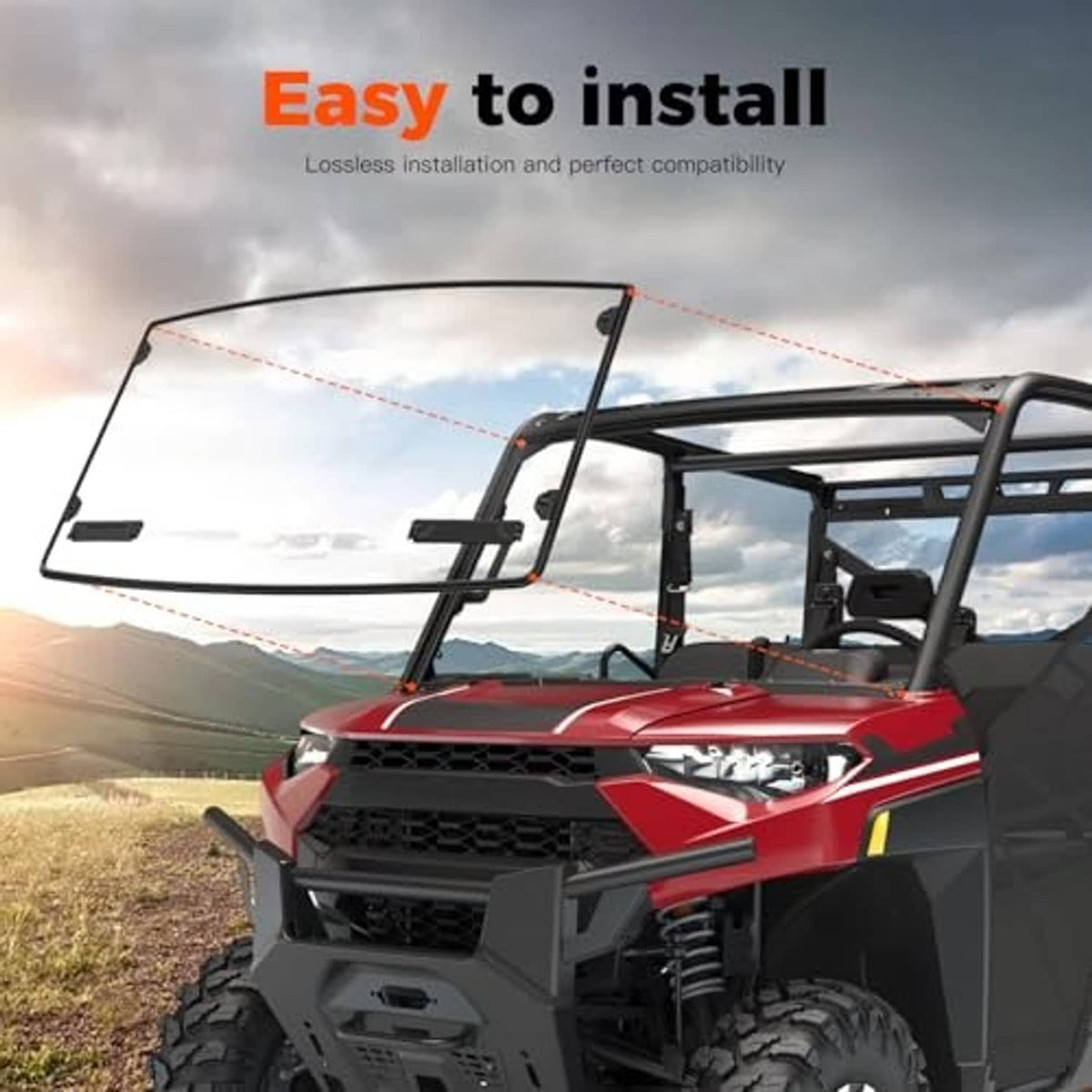 Front UTV windshield kit with black frame and mounting points