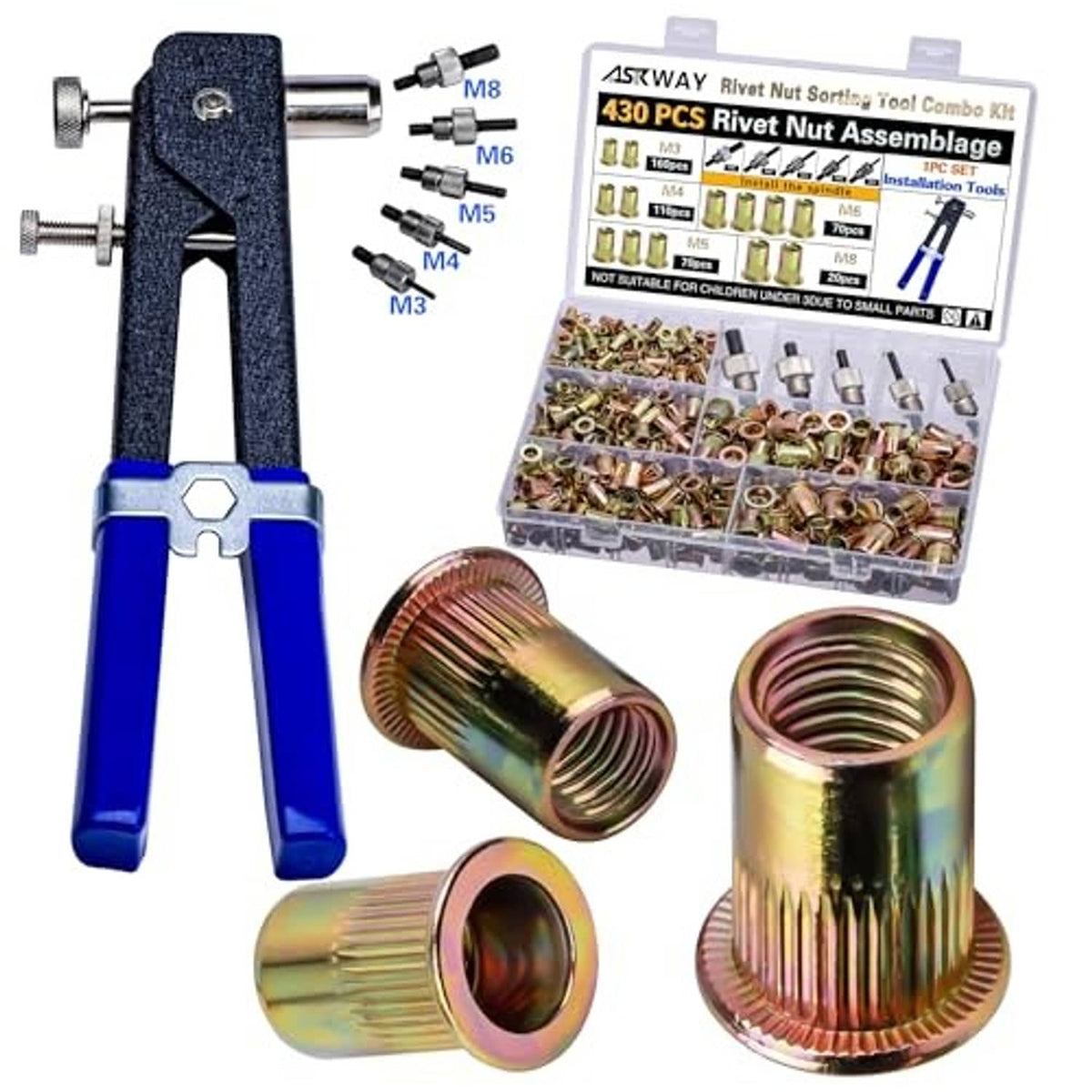 Blue and black rivet nut hand tool with 430-piece assortment and gold rivet nuts