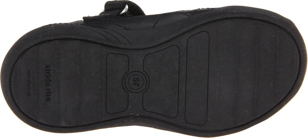 Girls' Claire black outsole view with traction tread and center logo detail