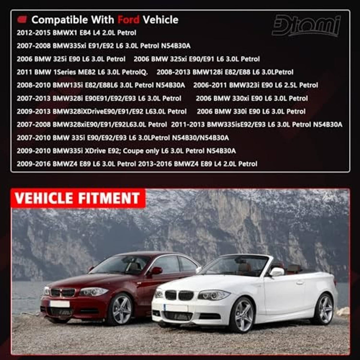 Coolant reservoir fitment graphic showing compatible vehicles