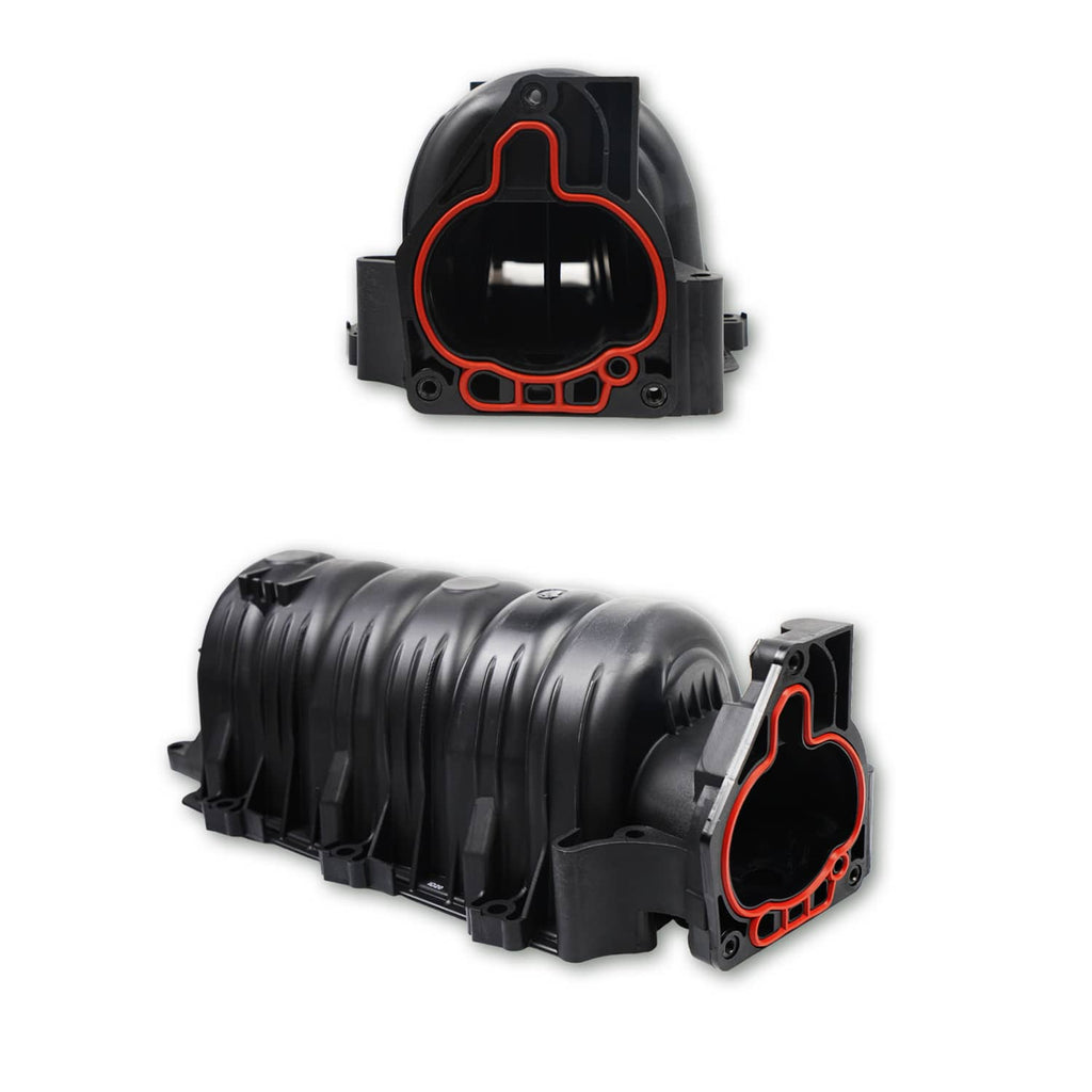 Black intake manifold with throttle body flange and red gasket edge trim